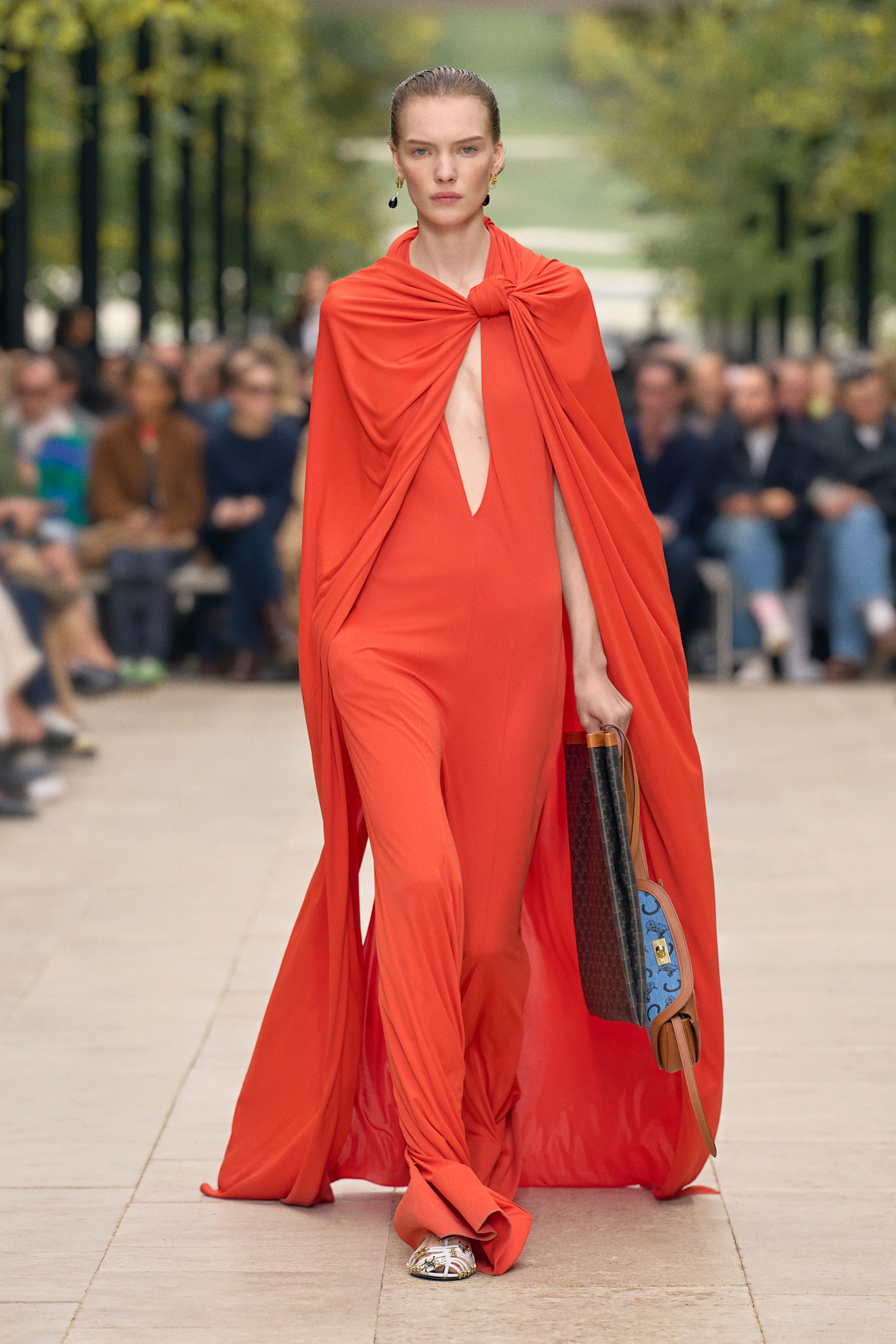 An image of the poppy colour trend on the Celine Spring/Summer 2026 runway.