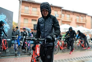 BMC's US cyclist Tejay Van Garderen moves his bicycle after signing and before the the fourth stage of the 97th Volta Catalunya