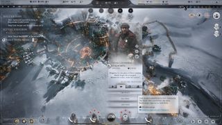 Frostpunk 2 screenshot showing UI, characters, and the map with various elements