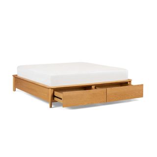 A wooden drawer storage bed