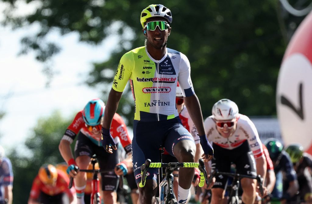 Eritrean Biniam Girmay Hailu of Intermarche-Wanty celebrates after winning the Circuit Franco-Belge cycling race, 190,6 km from Tournai to Mont-de-l'Enclus, stage 6 (out of 9) of the Lotto Cycling Cup, Wednesday 29 May 2024. BELGA PHOTO VIRGINIE LEFOUR (Photo by VIRGINIE LEFOUR / BELGA MAG / Belga via AFP)