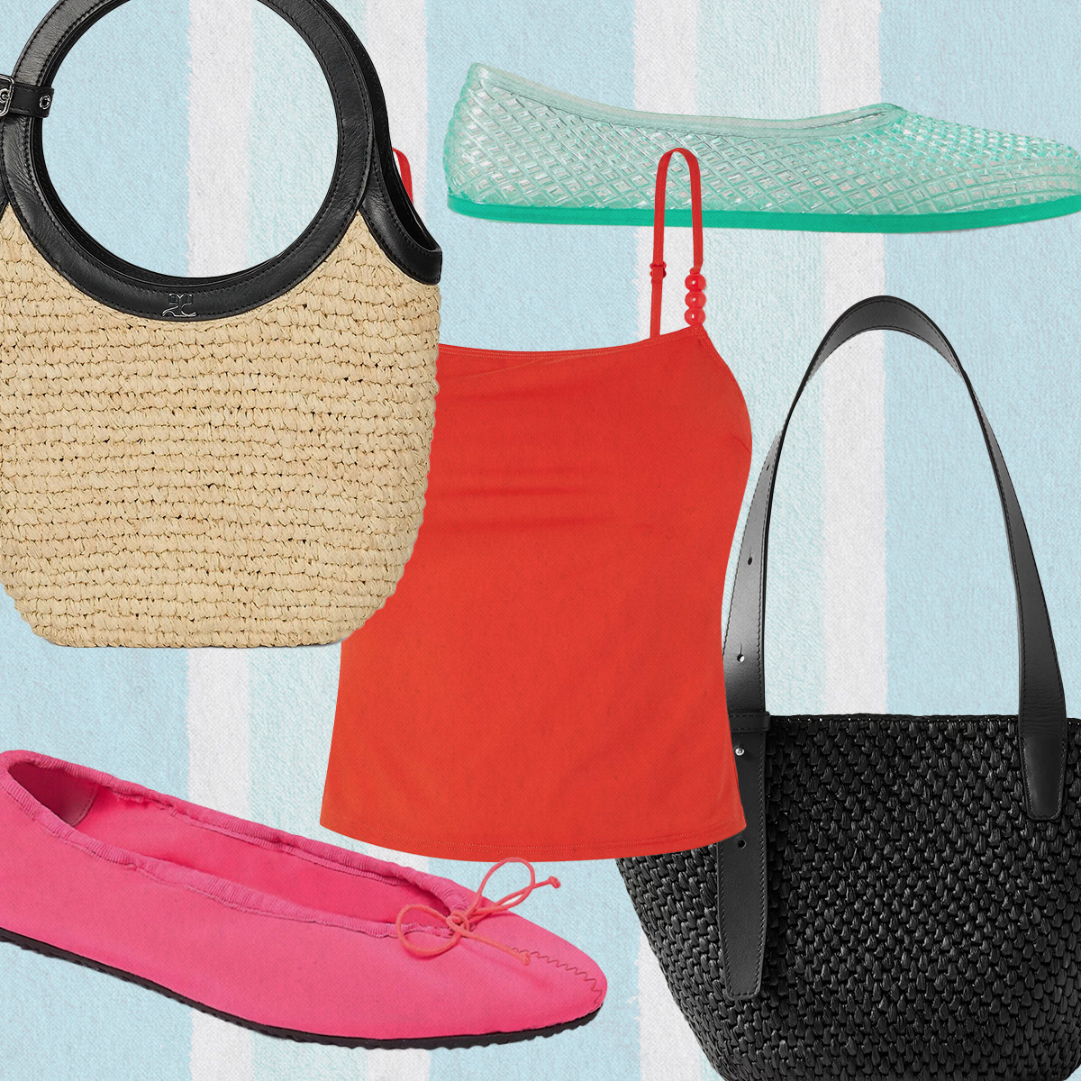 Colorful shoes, woven bags, and tankinis from Courr&egrave;ges, Gimaguas, Ancient Greek Sandals, Li&eacute; Studio, and Staud.