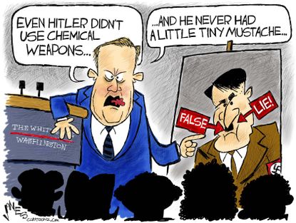 Political Cartoon U.S. Sean Spicer Syria chemical weapons Hitler Holocaust