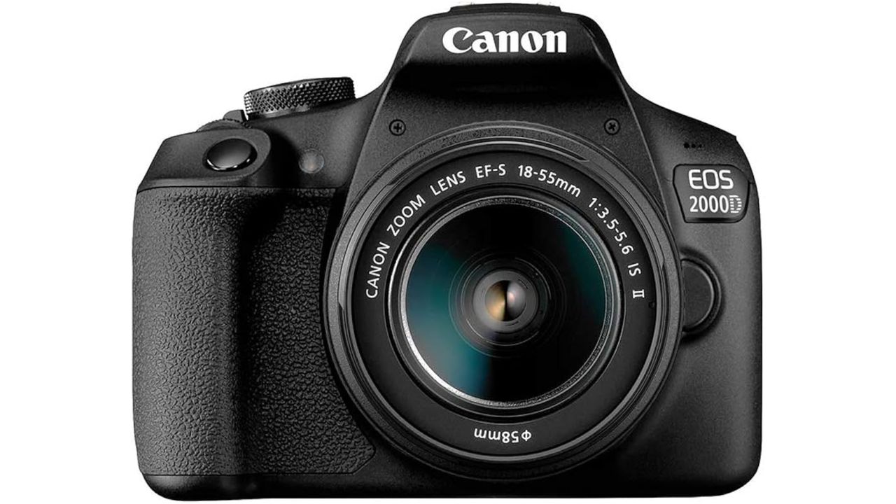 Front view of the Canon EOS 2000D on a white background.