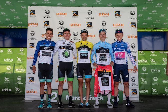 The leaders' jerseys after the prologue of the 2019 Tour of Utah