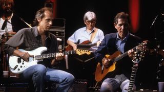 JANUARY 01: NASHVILLE Photo of Mark KNOPFLER and David HUNGATE and Chet ATKINS, L-R Mark Knopfler, David Hungate and Chet Atkins performing on stage