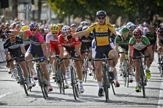 Dylan Groenewegen thought he'd taken the win but was beaten by Modolo on the line