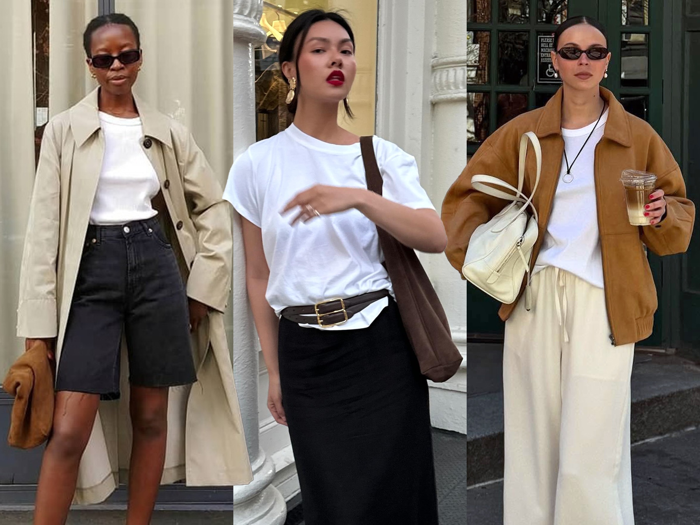 fashion collage featuring three influencers wearing chic white t-shirt outfits for 2025 including Sylvie Mus, Mimi Nguyen, and Johanna Lager
