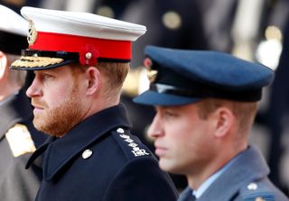 Prince Harry, Duke of Sussex and Prince William, Duke of Cambridge attend the annual Remembrance Sunday service at The Cenotaph