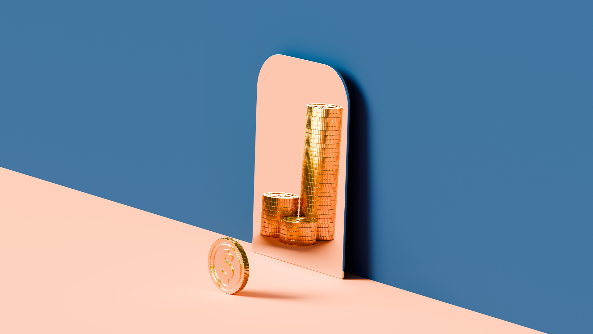 Financial planning concept image showing a single gold dollar coin with pile of coins reflected in mirror.