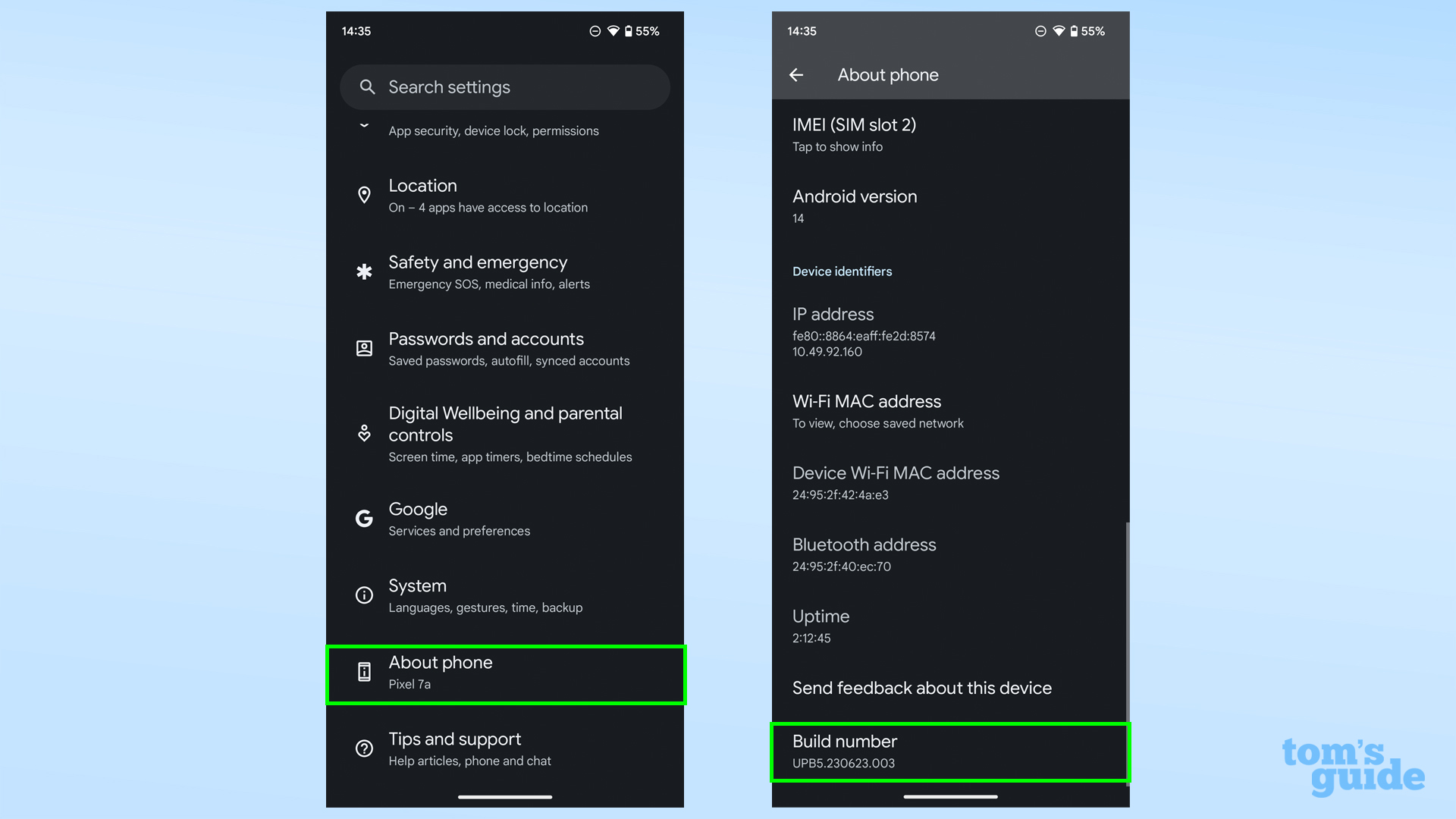 Скриншоты, показывающие, где найти информацию о телефоне и номер сборки в Android 14.