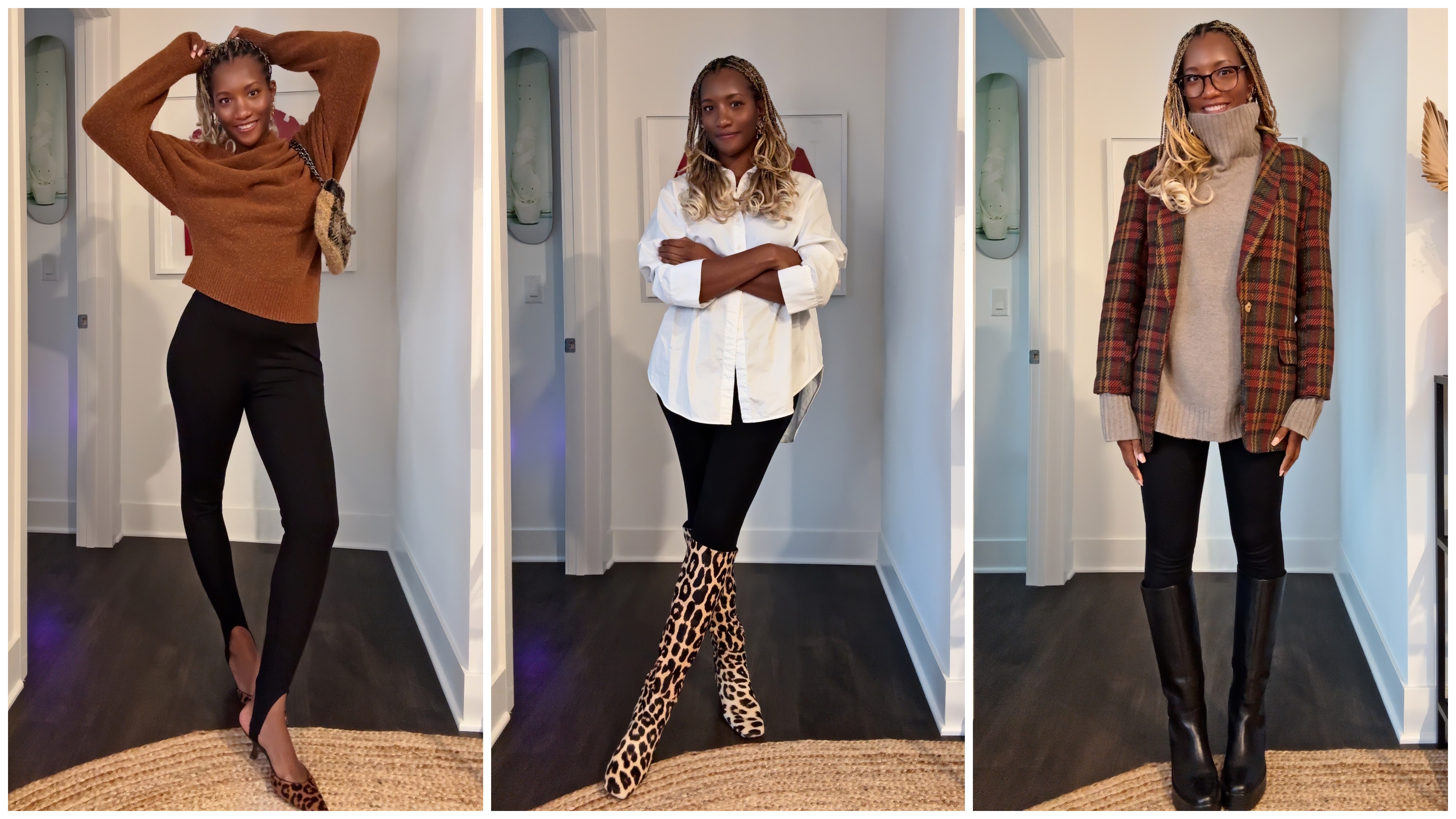 Danielle Prescod wearing leggings and a turtleneck; Danielle Prescod wearing leggings and a a button-down; Danielle Prescod wearing leggings and a blazer 