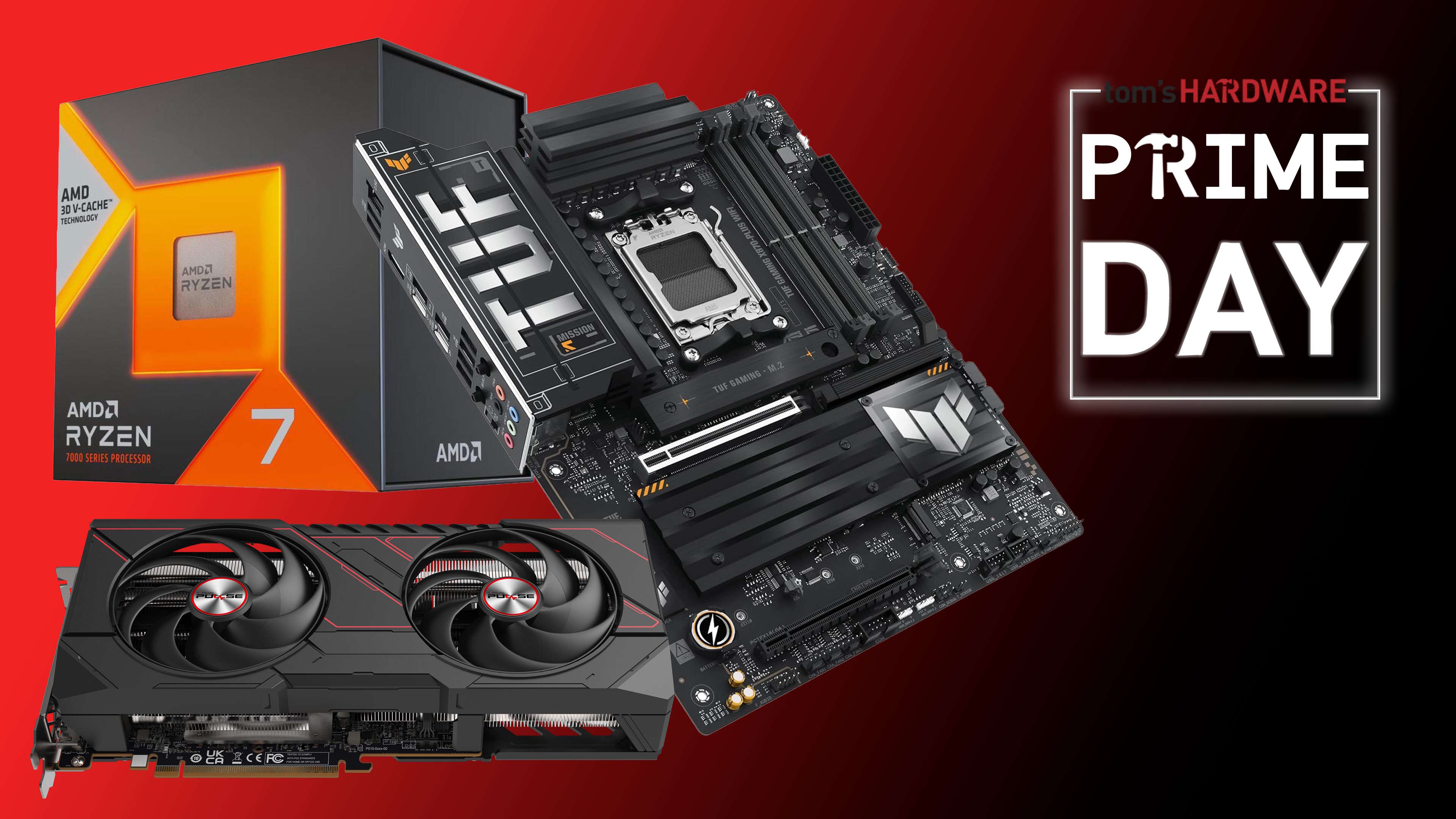 A processor, motherboard, and graphics card next to the Tom&#039;s Hardware Prime Day logo