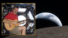 Astronaut Chris Hadfield (left) playing guitar on the International Space Station; in the background, a photo of Earth setting behind the moon as seen by the Artemis II crew.