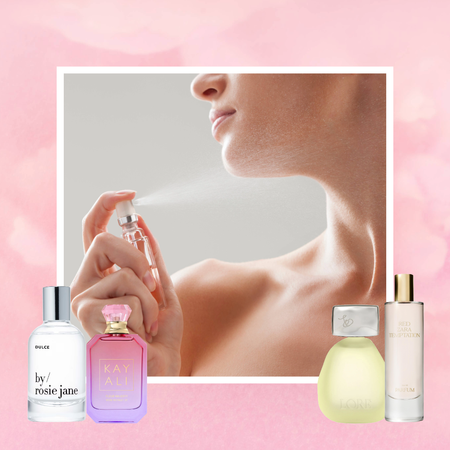 woman spraying perfume on her neck with white border and perfume bottles from by rosie jane, kayali, lore, and zara overlaid on light pink floral gradient background 