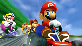 Mario, Wario, Donkey Kong and Bowser race on the cover art for Mario Kart 64.