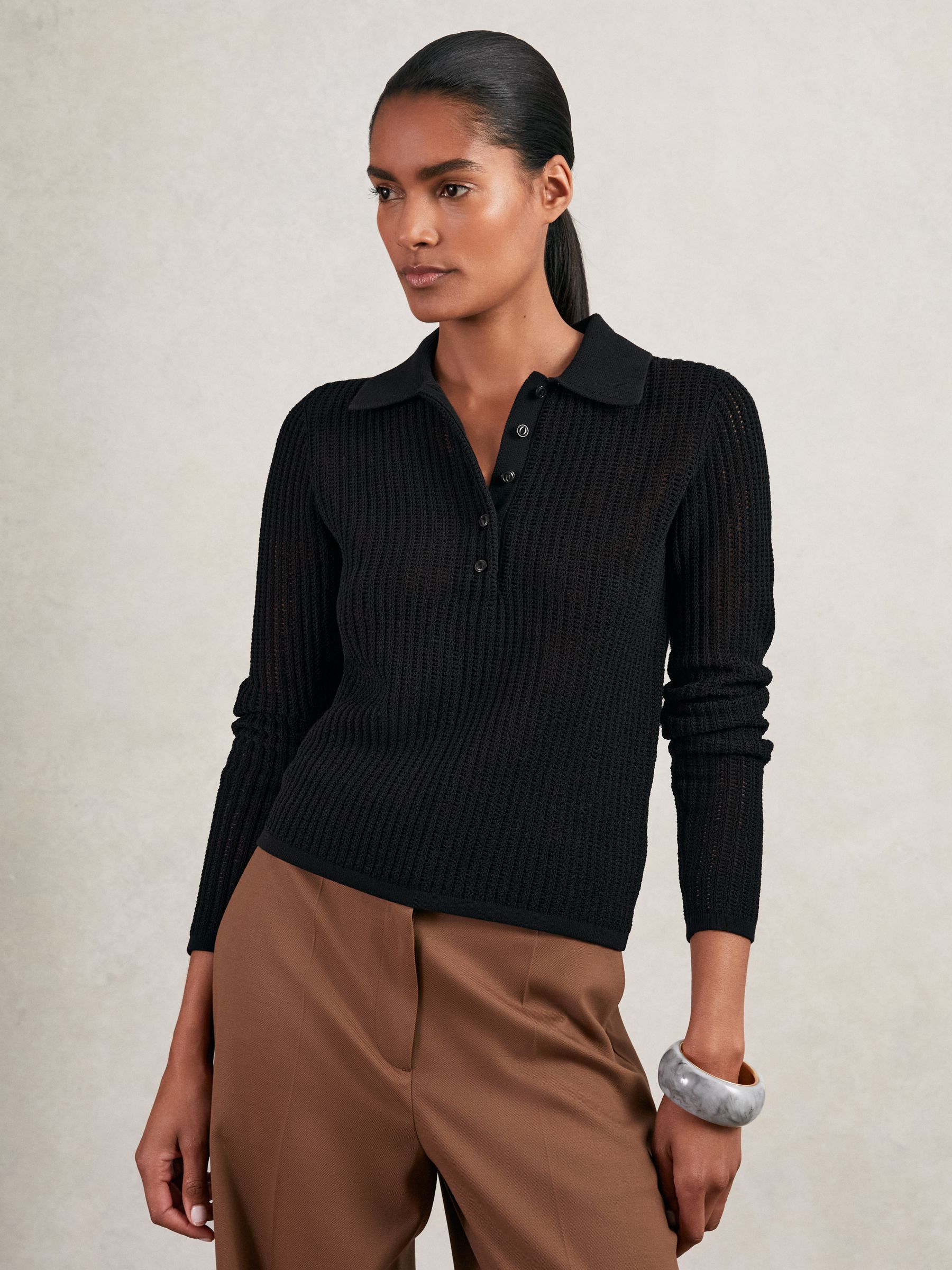 Open-Knit Long-Sleeve Polo Top in Black