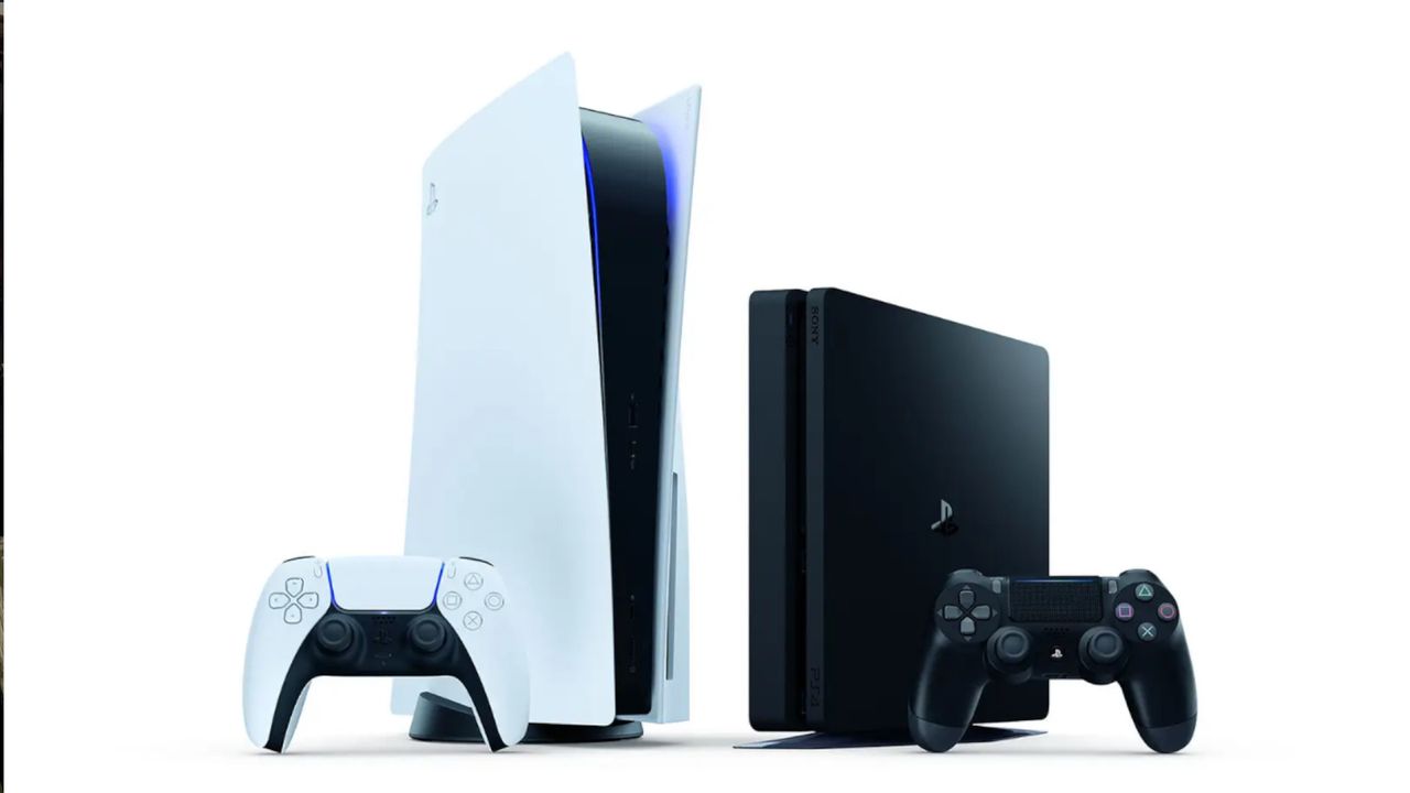 A PS5 and a PS4 stood next to each other