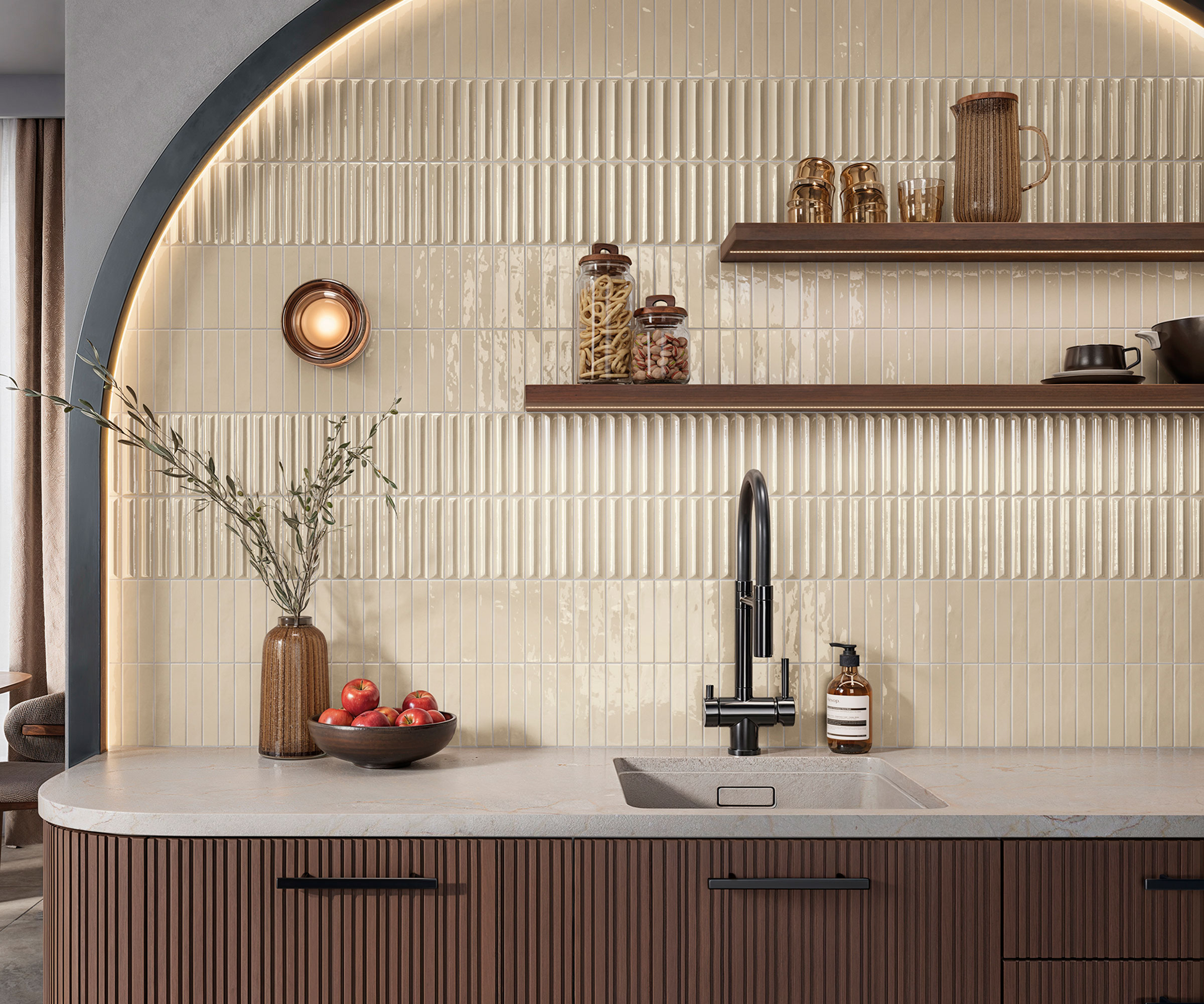 neutral modern kitchen with fluted kitchen units and textured kitchen wall tiles