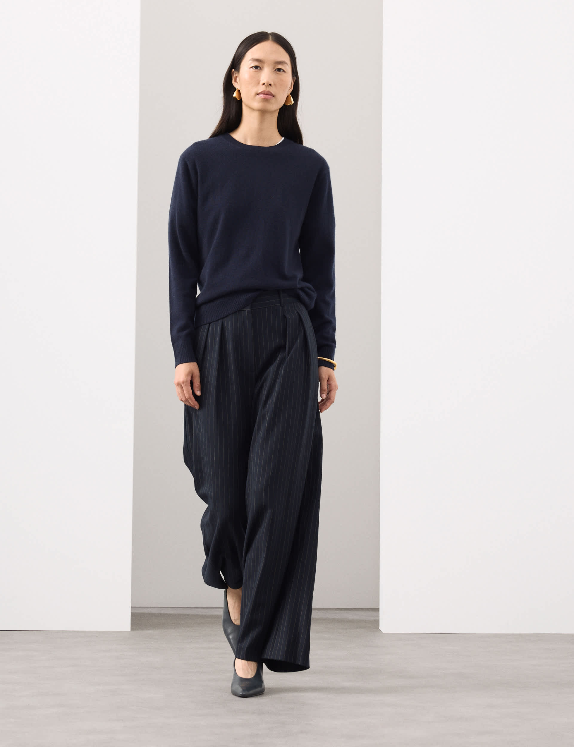 Wool Blend Pinstripe Wide Leg Trousers