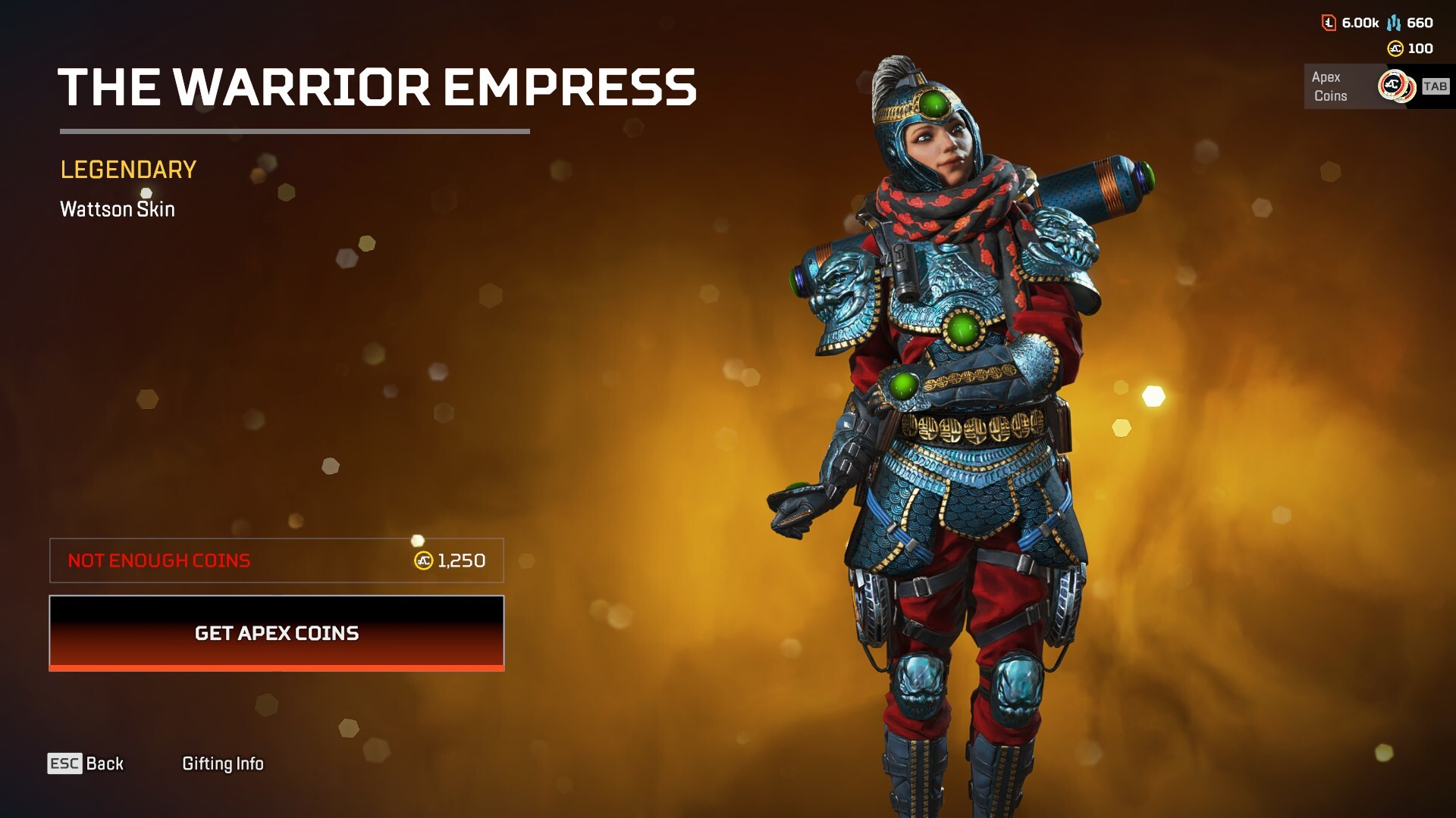A screenshot of the Warrior Empress skin for Wattson in Apex Legends.