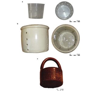 Cheese strainers. (a) Modern cheese strainer made of plastic used in farmsteads. (b) Cheese strainer from Haute-Loire, France (beginning of the 20th century). (c) Cheese strainer from Vermont. (19th century).