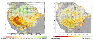 The image at left shows the extent of the summer 2005 megadrought in the western Amazon rainforests as measured by NASA satellites, with the most impacted areas shown in shades of red and yellow. The circled area in the right panel shows the extent of the forests that experienced slow recovery from the 2005 drought, with areas in red and yellow shades experiencing the slowest recovery.