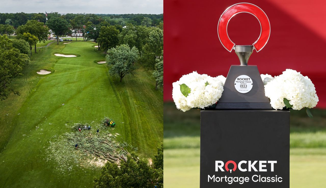 A picture of the Rocket Mortgage Classic trophy and the damage of some storms