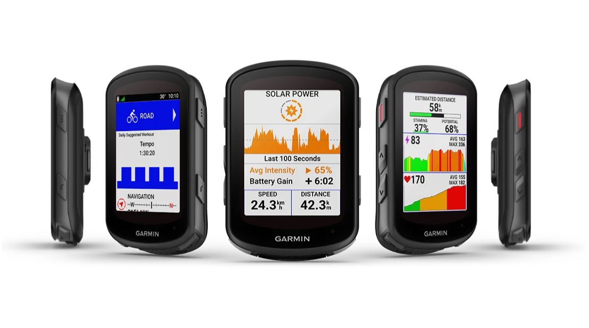 Five angles of the Garmin Edge 540 Solar bike computer