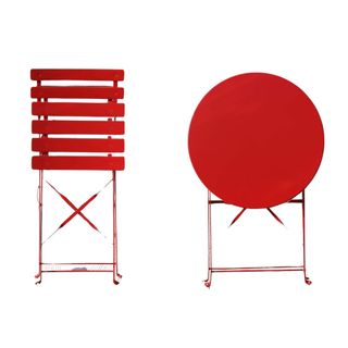 Folded metal red metal round bistro table and square seated matching chair