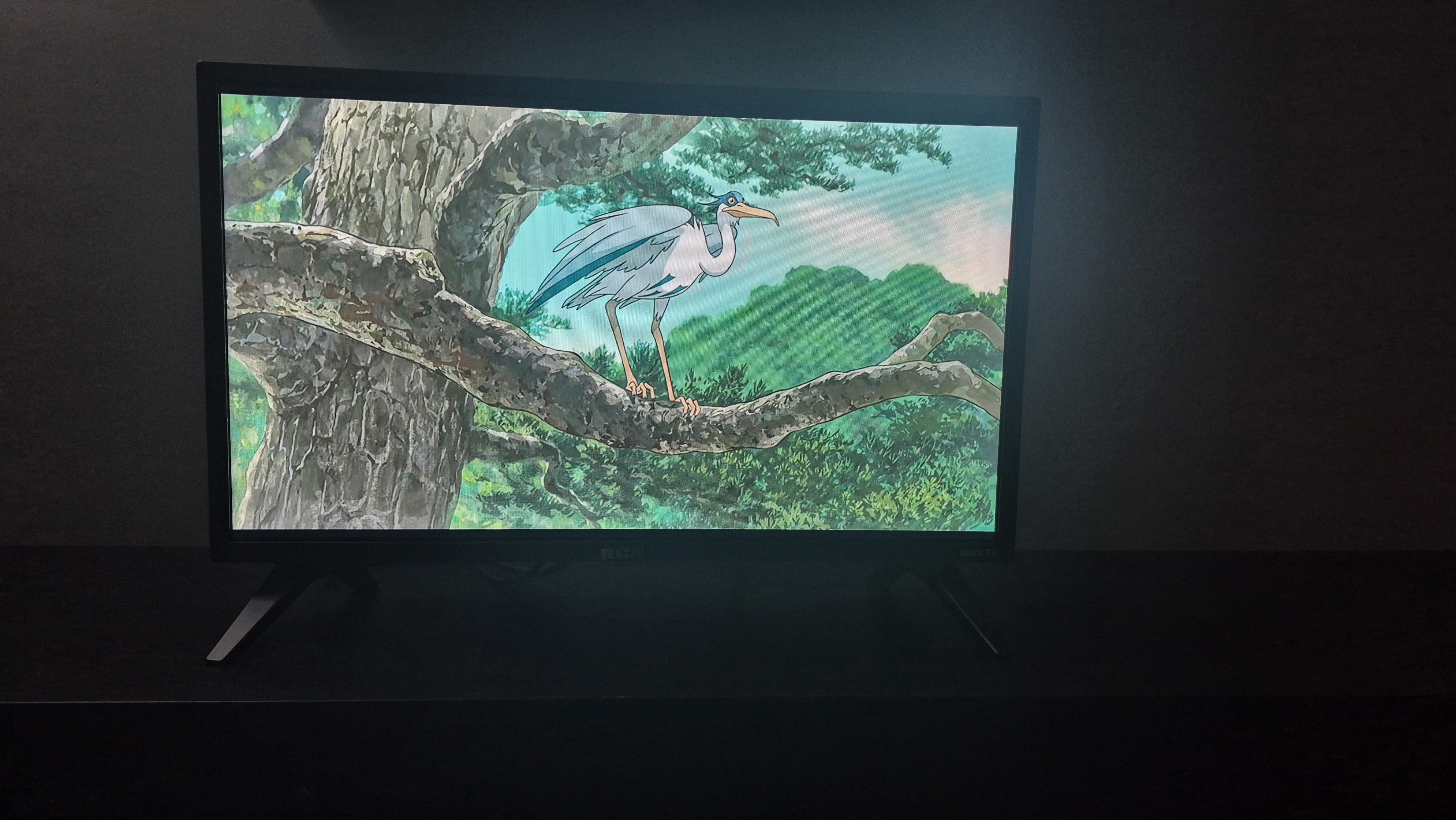 Heron on a tree in 'The Boy and the Heron' displayed on RCA Roku 24-inch HD TV