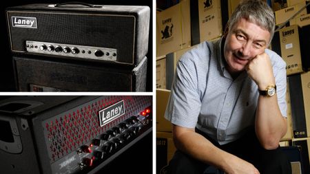 Lyndon Laney photographed at the Laney factory in 2007, and on the left two of his company's most-famous amp designs.