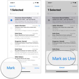 To mark an email, tap any email messages, tap Mark in the lower left. Then choose Mark as Read or Mark as Unread, depending on your circumstances