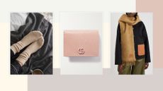 ultimate fashion gift guide items: Cashmere socks from THe White Company, a pale pink leather Gucci wallet and a camel coloured mohair blend scarf by Loewe