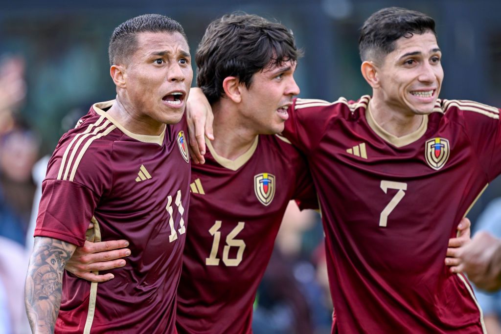 Venezuela&#039;s Darwin Machins (11) celebrates scoring a goal with Jon Aramburu (16) and Jefferson Savarino (7) during the Italy vs. Venezuela International Friendly match on March 21, 2024, at Chase Stadium in Fort Lauderdale, Fla. (Photo by Doug Murray/Icon Sportswire via Getty Images)