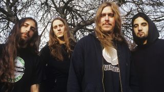Portrait of Opeth in San Francisco, California, United States on 31st January 2003. L-R Martin Mendez, Joakim Svalberg, Mikael Akerfeldt, Martin Lopez. (Photo by Anthony Pidgeon/Redferns)