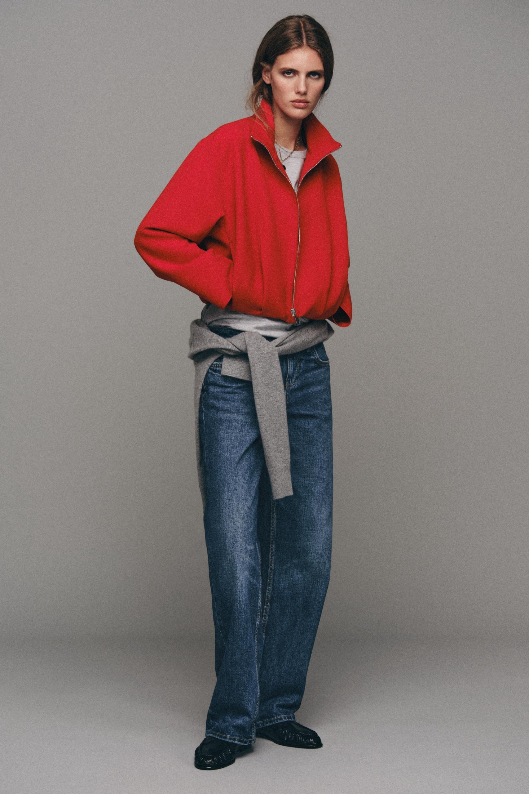 Stand-Up Collar Bomber Jacket - Red - Xs