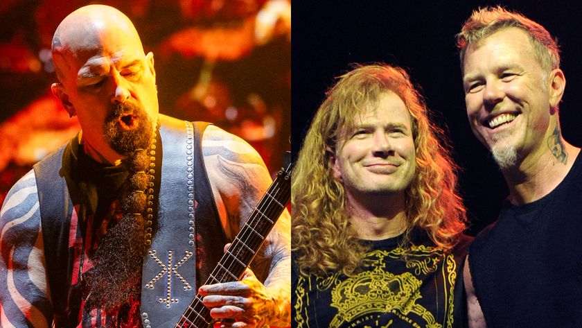 Kerry King onstage in 2025, and Dave Mustaine and James Hetfield embracing in 2011