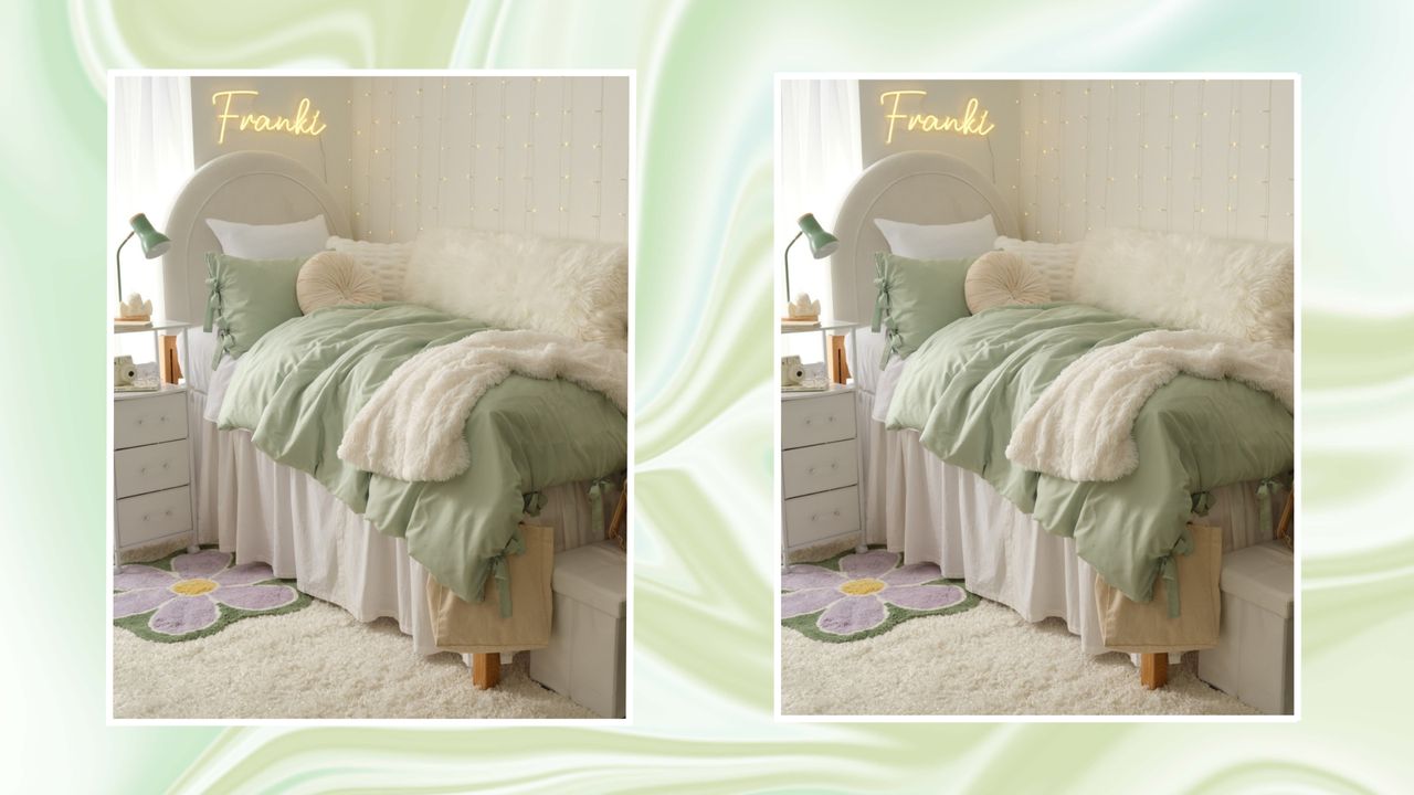 Two images of bed with green comforter on green marbelled background