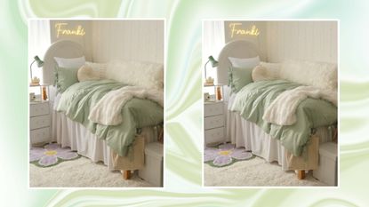 Two images of bed with green comforter on green marbelled background