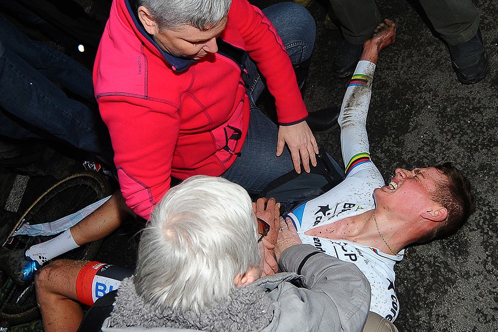 Mathieu van der Poel collapses after the finish in Namur.