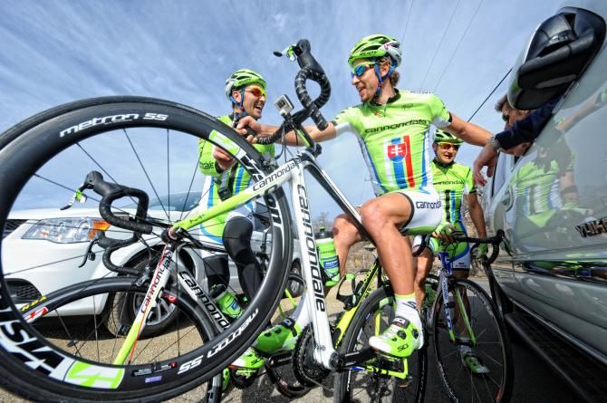Peter Sagan shares a joke with his teammates