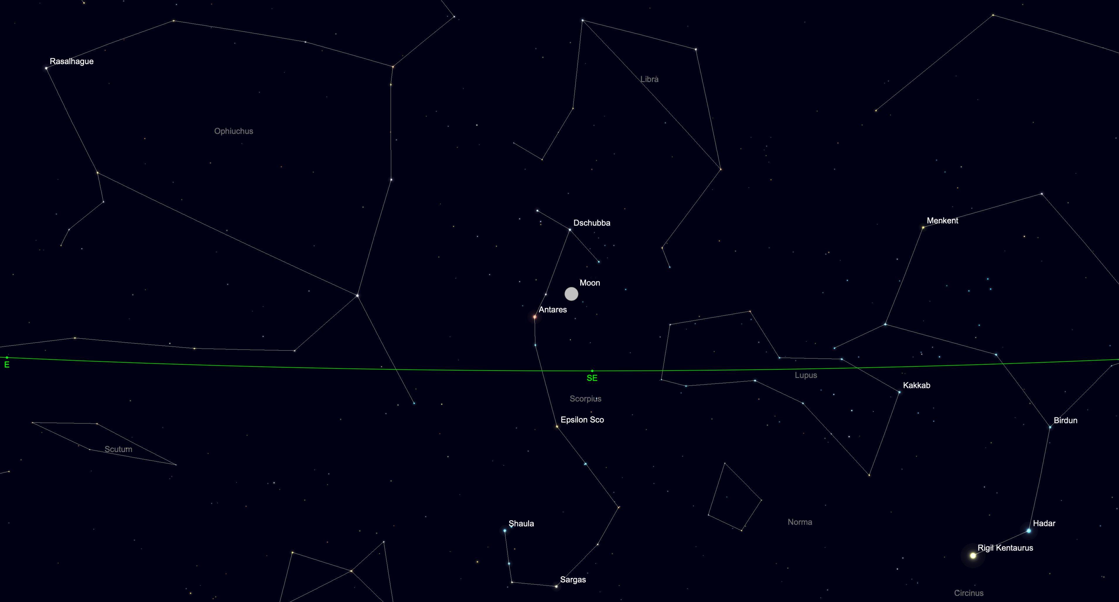 The moon passes close to Antares, the bright red star, known as the "heart" of the Scorpius constellation.