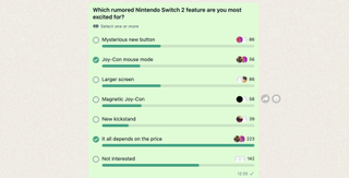 Screenshot showing the results of a WhatsApp survey on which features people are most excited for in the Nintendo Switch 2.