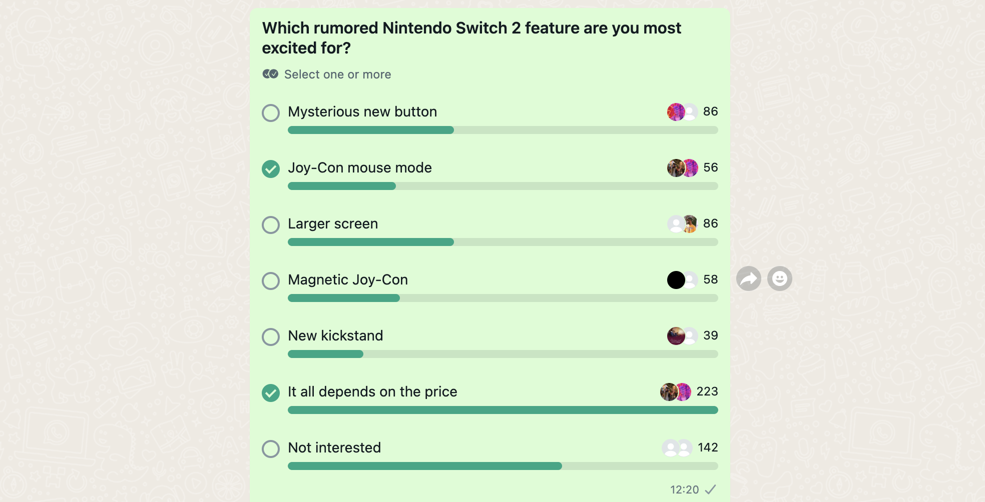 Screenshot showing the results of a WhatsApp survey on which features people are most excited for in the Nintendo Switch 2.