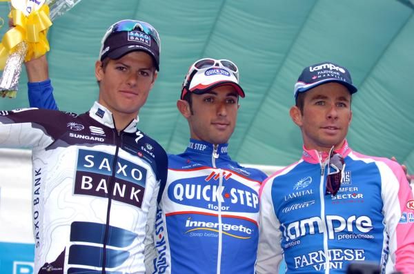 Jakob Fuglsang (Saxo Bank), Dario Cataldo (Quick Step) and Daniele Pietropolli (Lampre-Farnese Vini) on the G.P Beghelli podium