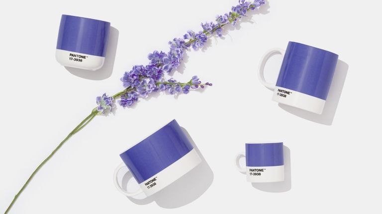 The Pantone color of the year 2022 shown on mugs with lavender against a white background