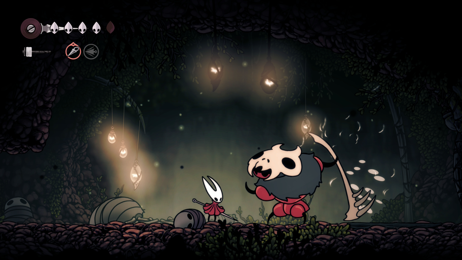 A hulking ant warrior in Hollow Knight: Silksong who guards the entrance to Hunter's March charges up a swing