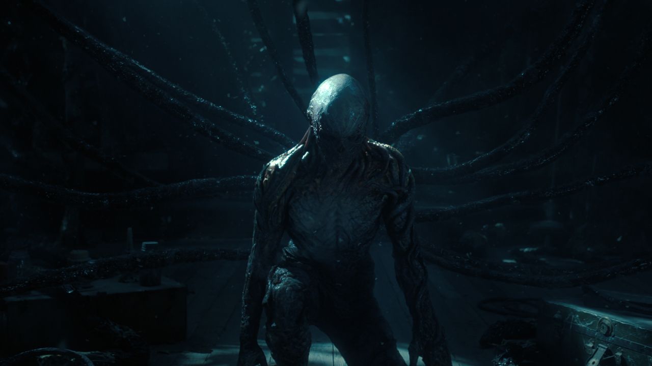 A new variant of Demogorgon stands before the camera at night time in Stranger Things season 4