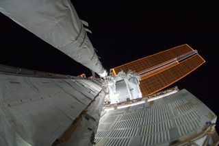 A fish-eye lens attached to an electronic still camera was used to capture this image of Endeavour shuttle astronaut Mike Fincke (center frame) during the STS-134 mission's fourth spacewalk on May 27, 2011. Endeavour's 50-foot inspection boom, which space